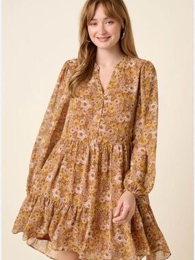 Indigo Soul Mustard Floral Tiered Long Sleeve Boho Mini Dress XL NWT